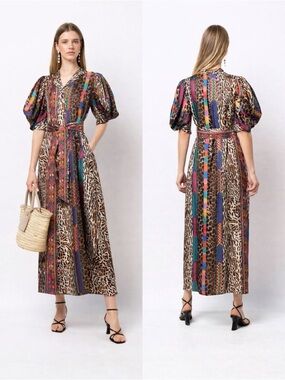 Pierre-Louis Mascia Silk Maxi Dress Mixed Print Belted Boho Luxe Designer Size L